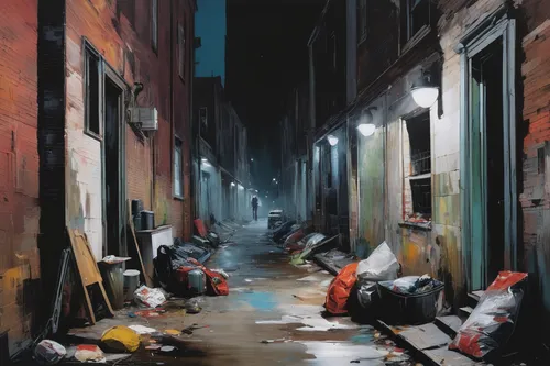 slums,slum,alley,alleyway,blind alley,narrow street,night scene,paint stoke,trash land,alley cat,rescue alley,world digital painting,digital painting,the street,laneway,street cleaning,street scene,italian painter,stray work,garbage lot,Conceptual Art,Oil color,Oil Color 01