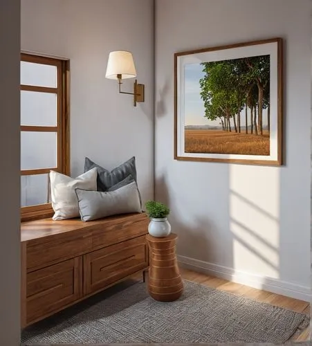 Window corner,wood window,3d rendering,modern room,wooden windows,modern decor,wood mirror