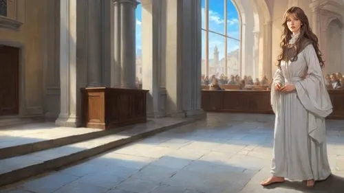 classicism painting: ((female defendant, long dress, barefoot. bare feet, bare toes)), inside 17th century courtroom, standing on stone floor, 2 bare feet with 5 toes showing each,heatherley,church pa