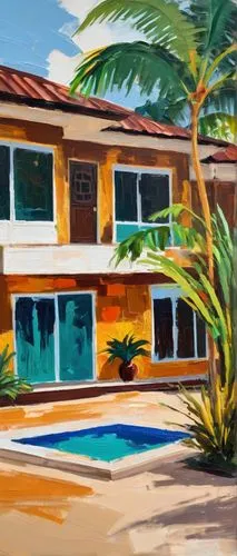 tropical house,house painting,florida home,fresnaye,mid century house,palmilla,holiday motel,beach house,palmera,casina,hacienda,digital painting,mousseau,casita,bungalows,casitas,holiday villa,bahamonde,pintor,palmtrees,Conceptual Art,Oil color,Oil Color 20