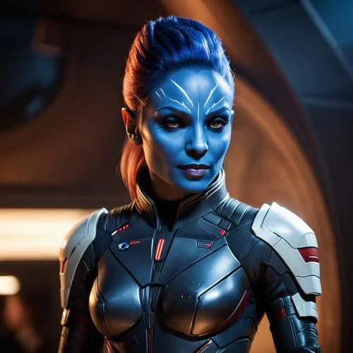 Mass Effect
Liara Tsoni ( asari ) ( xeno )

blaue Haut.
 Geschwungene kurze Tentakel statt Haaren auf dem kopf
Keine Ohren am kopf,liara,asari,satari,andorian,darth talon,zavtra,jadzia,symetra,anakara