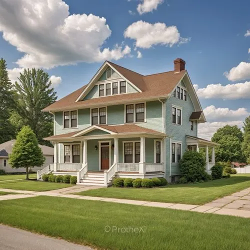 a three - story blue house is next to an asphalt driveway,new england style house,two story house,beautiful home,victorian house,house purchase,house for sale,Photography,General,Realistic