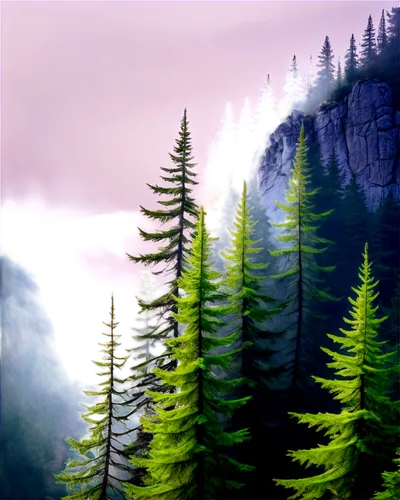 Mountain forest, dense trees, misty atmosphere, tall conifers, vibrant green leaves, rugged terrain, steep slope, rocky outcrops, morning fog, soft sunlight filtering through canopy, 3/4 composition, 