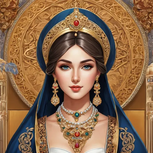the prophet mary,cleopatra,gold jewelry,priestess,radha,diadem,sultana,cepora judith,jaya,fatima,gift of jewelry,mary-gold,dulzaina,arabian,jasmine,miss circassian,artemisia,assyrian,bridal jewelry,athena,Illustration,Realistic Fantasy,Realistic Fantasy 43