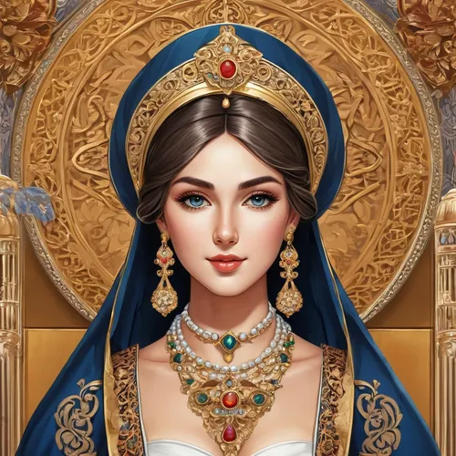 Develop historical female avatar with period costumes, intricate jewelry, and ancient backdrops. Design a nostalgic atmosphere for a classic and vintage look.,the prophet mary,cleopatra,gold jewelry,p