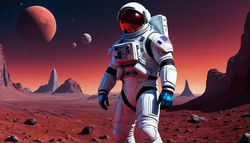 Verity Farseer, strong-jawed muscular man, astronaut helmet, oxygen tank on back, white spacesuit with blue stripes, silver gloves, boots with red lights, holding a holographic tablet, standing heroic