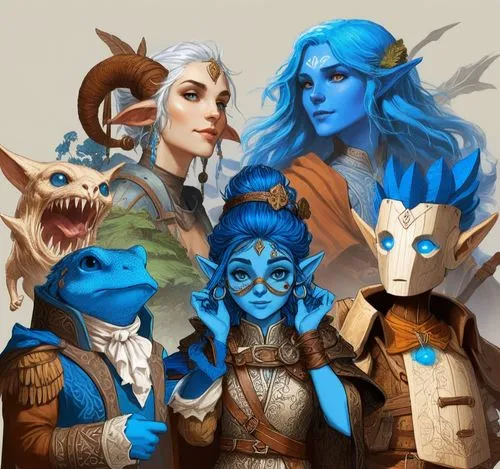 D&D party of adventurers with  a blue-firbolg and a halfling, wooden-automaton



,a group of young women are all dressed in blue,kobolds,azeroth,aesulapian staff,vondra,priesthoods,elementals,Unique,