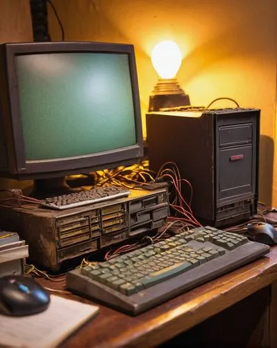 Old computer, 32-bit architecture, Ubuntu operating system, retro desktop, wooden desk, messy cables, worn-out keyboard, old mouse, small CRT monitor, dimly lit room, warm yellow lighting, afternoon s