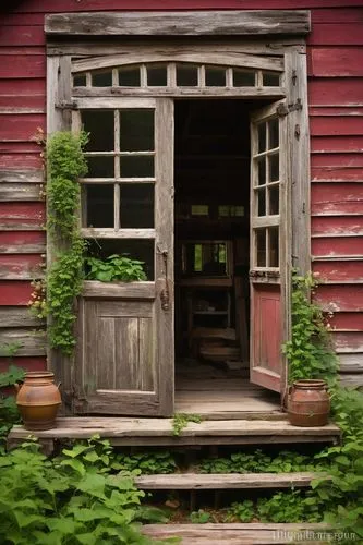 Rustic Vermont-style barn, architectural salvage, wooden planks, distressed finishes, vintage metal roofing, overgrown with wildflowers, lush greenery, worn stone foundation, peeling paint, old lanter