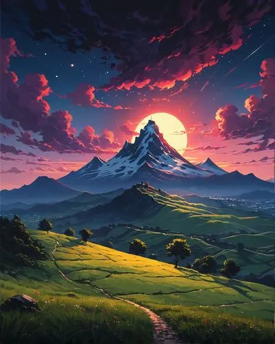 mountain sunrise,purple landscape,volcanic landscape,mountain landscape,paisaje,fantasy landscape,landscape background,alpine sunset,alpine landscape,mountain,volcanos,mountain scene,mountains,dusk,dusk background,meteora,high landscape,mountain world,mountainous landscape,fire mountain,Conceptual Art,Fantasy,Fantasy 32