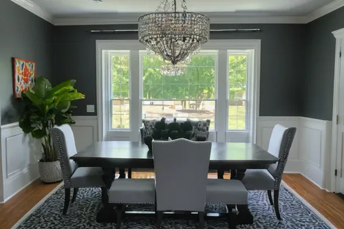 colonial dining room remodel, rodeo by benjamin moore, grey dining room, dining room ideas, new jersey home, grey accent chair, grey accent bench, original art, glam chandelier, organic chandelier,kit