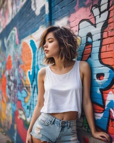 Free-spirited girl, casual wear, ripped denim shorts, white tank top, messy bobbed hair, no makeup, relaxed posture, leaning against a graffiti wall, urban street, sunny day, warm light, shallow depth