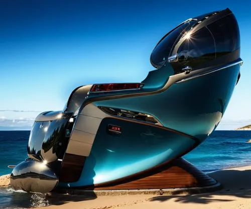 a sleek glass boat parked on the beach,superbus,outboards,super trimaran,powerboating,delahaye,hydrofoils,Photography,General,Realistic