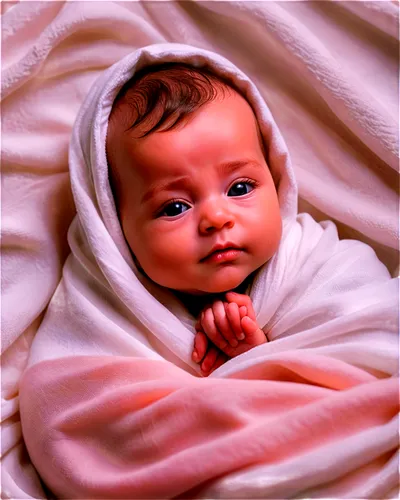 Newborn baby, wrapped in white blanket, lying down, gentle cry, soft focus, warm light, pastel colors, shallow depth of field, cinematic composition, 3/4 view, morning ambiance, tender atmosphere, bab