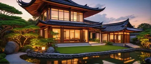 asian architecture,roof landscape,beautiful home,japanese-style room,zen garden,landscaped,dreamhouse,japanese zen garden,baan,tropical house,oriental,luxury home,teahouse,japanese garden ornament,landscape designers sydney,home landscape,landscape design sydney,pool house,3d rendering,garden design sydney,Illustration,Paper based,Paper Based 07