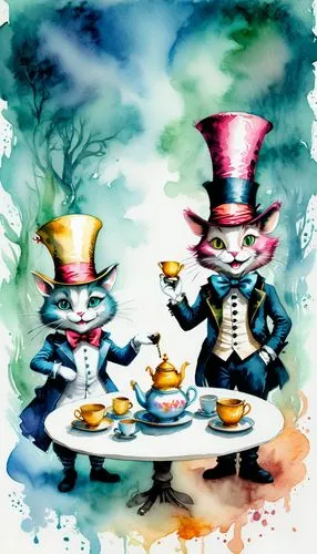 tea party,tea party collection,alice in wonderland,tea party cat,tea service,watercolor tea set,hatter,gnomes at table,teatime,tea cups,tea card,tea set,coffee tea illustration,high tea,tableware,tea time,tearoom,cake stand,afternoon tea,candy cauldron,Illustration,Paper based,Paper Based 25