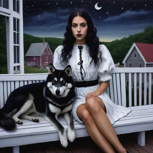 girl with dog,gothic portrait,fantasy picture,fantasy portrait,photomanipulation,two wolves,constellation wolf,wolf's milk,white picket fence,photo manipulation,black shepherd,fantasy art,romantic portrait,wolves,dark art,moon and star,witch house,moonflower,mystical portrait of a girl,the moon and the stars,Illustration,Realistic Fantasy,Realistic Fantasy 07