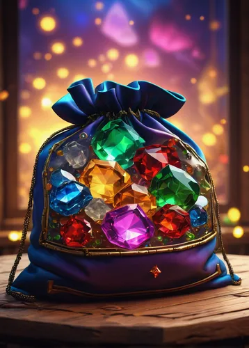 gems sack, steam platform, digital currency, sparkling gems, transparent bag, tied with a string, floating, shiny texture, pixel art style, video game concept, treasure, vibrant colors, soft glow, clo