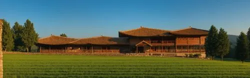 a po taken from a distance of a home with tall grass and trees surrounding it,bucovina,tulou,ecovillages,bucovina romania,inle,chalets,Photography,General,Realistic