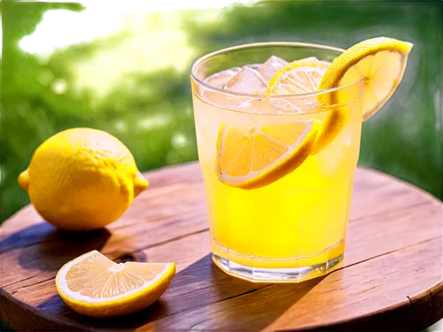 Lemonade, glass cup, ice cubes, yellow lemon slices, refreshing drink, summer vibe, outdoor setting, natural light, shallow depth of field, vibrant color tone, 3/4 composition, cinematic lighting.,lem