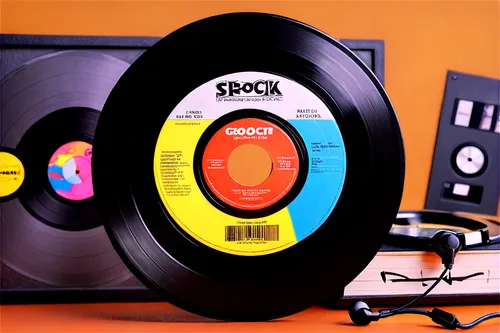 Vinyl record, black disc, grooved surface, shiny finish, label in center, colorful artwork, musical notes, headphones nearby, studio background, softbox lighting, shallow depth of field, warm color to