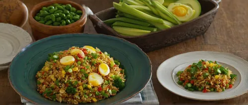 Create a comforting dinner with egg wrapped fried rice in a cozy kitchen.,thai fried rice,nasi goreng,yeung chow fried rice,kimchi fried rice,prawn fried rice,egg wrapped fried rice,arroz con pollo,sp