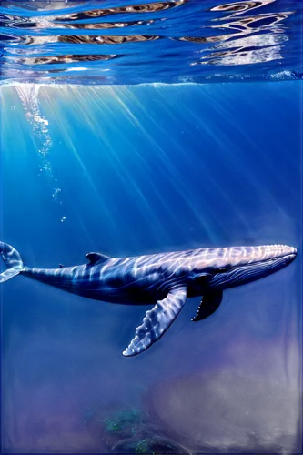 Large blue whale, swimming freely, underwater scene, shiny wet skin, dorsal fin, tail fluke, blowing air bubbles, sunlight filtering through water, ocean floor visible, soft focus background, cinemati