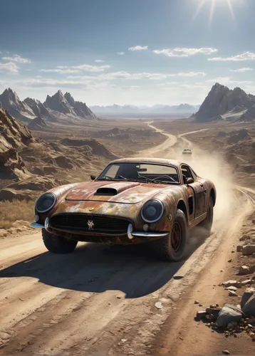 Transport yourself to a post-apocalyptic world where Purrari, a modified car fueled by hope, traverses desolate landscapes.,iso grifo,ford gt 2020,desert safari,alpine drive,etype,american sportscar,d