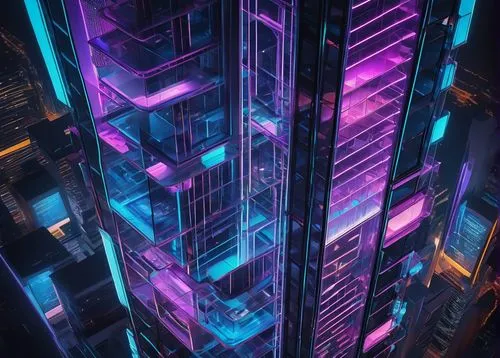 Modern, futuristic, sleek skyscraper, urban cityscape, neon lights, night scene, intelligent architecture, ranking board, LED screens, glass and steel structure, minimalist interior design, abstract a