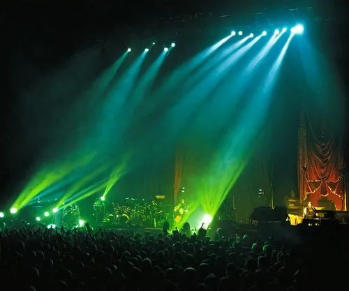 green and blue lights shine over a stage,wiltern,bonamassa,umphrey,sportpaleis,tavastia,opeth,Illustration,Realistic Fantasy,Realistic Fantasy 16