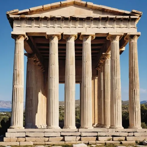 Doric architecture style, ancient Greek temple, columns with undecorated capitals, simple and austere, stone material, rough texture, natural surroundings, sunny day, warm lighting, panoramic view, 3/