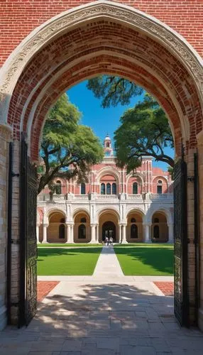 Rice University, Byzantine-style architecture, grandiose entrance, ornate arches, white stone walls, red-tiled roofs, sprawling green lawns, walking paths, mature trees, sunny day, clear blue sky, few