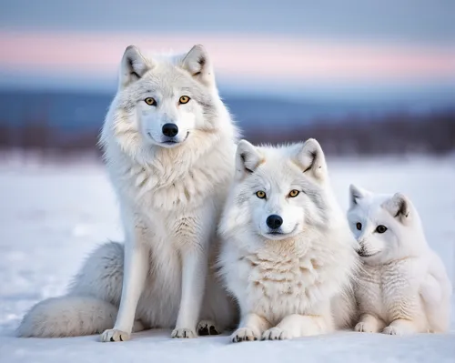 'Arctic Wolves With Snow Owls',huskies,white shepherd,canadian eskimo dog,greenland dog,sakhalin husky,berger blanc suisse,northern inuit dog,birch family,harmonious family,wolf pack,family outing,sle