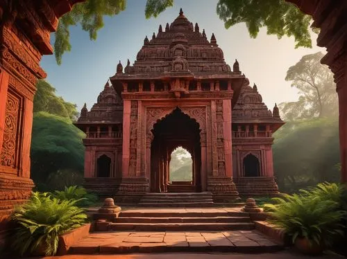 Ancient Indian temple, intricate carvings, ornate sculptures, vibrant colors, rustic red stone walls, grandiose entrance gates, detailed stonework, Hindu mythology-inspired designs, lush greenery surr