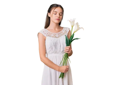 Sympathetic girl, white dress, solo, (18yo), gentle facial expression, soft brown hair, minimal makeup, holding white lily, standing, subtle tear in eye, mournful atmosphere, warm lighting, cinematic 