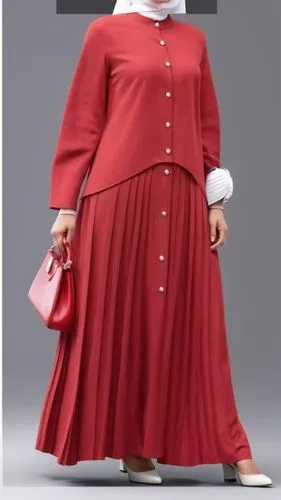 3d fashion drawing for Muslim hejab with pilesee with red dress with bottoms with pleated dress with pelisse and pleats with white bag,a woman in a red dress with a hat and red purse,muumuu,consuela,m