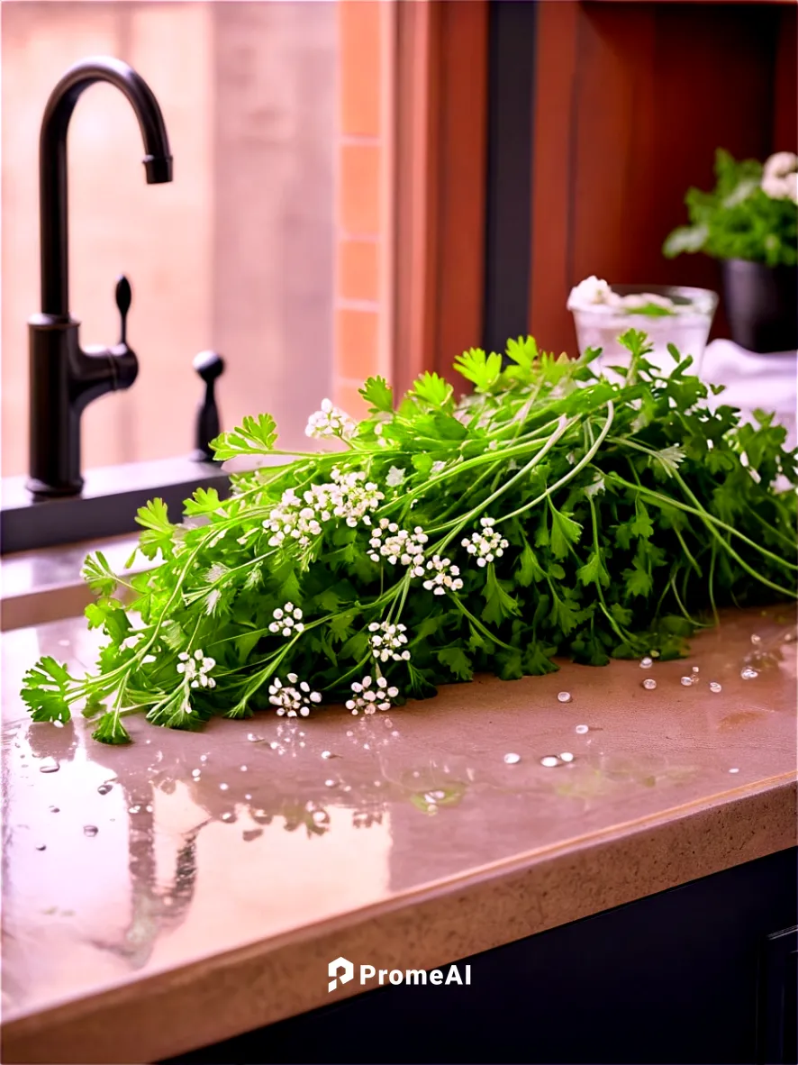 Fresh cilantro, green leaves, delicate stems, small white flowers, water droplets, natural lighting, soft focus, 3/4 composition, warm color tone, shallow depth of field, realistic texture, organic fe