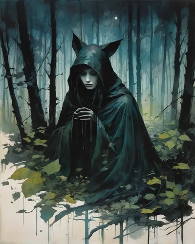 cloak,dark art,forest animal,schipperke,the witch,hooded man,feral,goatflower,ursa,howling wolf,forest dark,forest man,black shepherd,kitsune,wolf's milk,fae,sorrow,the enchantress,unknowing,fantasy portrait,Illustration,Paper based,Paper Based 05