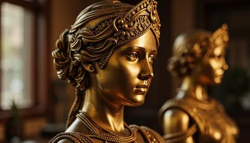 Luxurious bronze statue, intricate metalwork details, warm golden color, high-gloss finish, ornate decorations, ancient Greek-inspired designs, museum-quality display, softbox lighting, shallow depth 