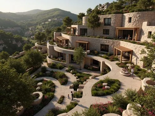 terraces,mountain settlement,provencal,alpine village,hillside,house in the mountains,ecovillages,fresnaye,portofino,ladera,amanresorts,3d rendering,house in mountains,render,south france,landscaped,provencal life,ecotopia,cliffside,mountain village