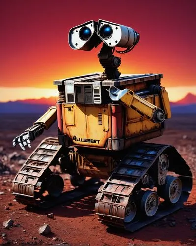 Wall-E, EVE, robot, sci-fi, space exploration, futuristic, metallic body, blue eyes, worn-out armor, mechanical arms, trash-compacting chest, wheels, solar panels, rusty bolts, abandoned planet, desol