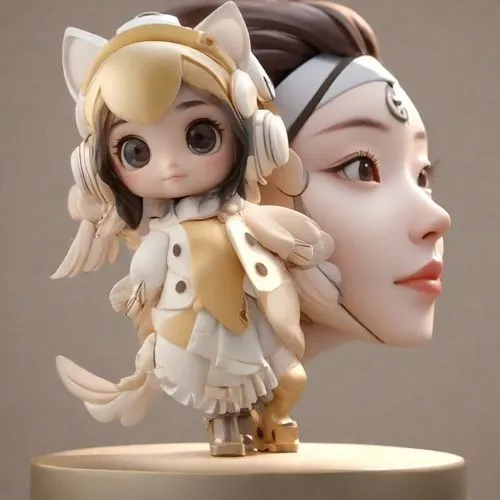 a head piece is placed next to a white mannequin's face,3d figure,kotobukiya,figurine,maru,mini figuka,artist doll,kokoro,angel figure,clay doll,figurines,fennec,allies sculpture,sculpts,game figure,l