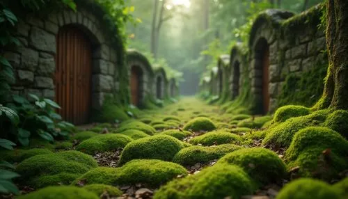 Moss green color, design element, natural scenery, forest floor, stone walls, vintage wooden doors, rusty metal gates, soft focus, shallow depth of field, warm lighting, atmospheric perspective, misty