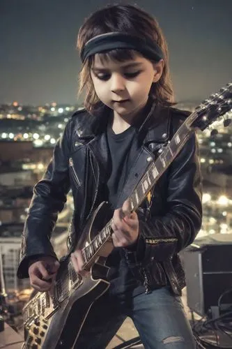 Long hair, black leather jacket, plays electric guitar. On the roof of the building at night,rocker,ellefson,rock chick,lead guitarist,amott,guitarist,avishai,guitar player,malakian,rock 'n' roll,guit