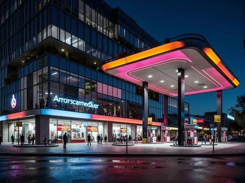 Futuristic gas station, constructivist architecture, bold geometric shapes, metallic fa\u00e7ade, neon lights, vibrant colors, angular lines, industrial materials, concrete structures, steel beams, gl