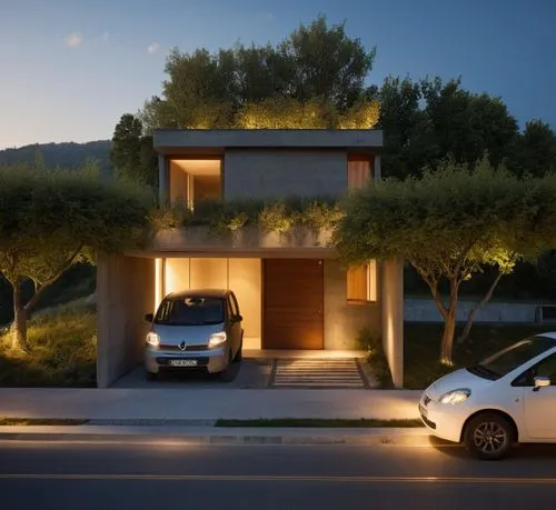 MANTENER FORMAS,cars parked in front of an upscale residential home at night,fresnaye,modern house,residential house,underground garage,smart home,smart fortwo,3d rendering,render,cubic house,landscap