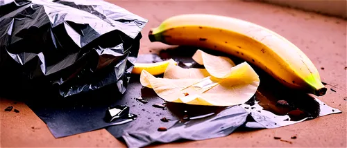 Ripped garbage bag, translucent plastic, torn edges, messy contents spilling out, crumpled paper, broken glass, banana peel, coffee grounds, morning dew, soft natural light, shallow depth of field, wa