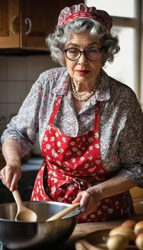 Mature lady, juicy granny, solo, (50yo), wrinkled skin, curly grey hair, cat eye glasses, bold red lipstick, pearl necklace, floral patterned dress, apron, baking hat, mixing bowl, wooden spoon, kitch