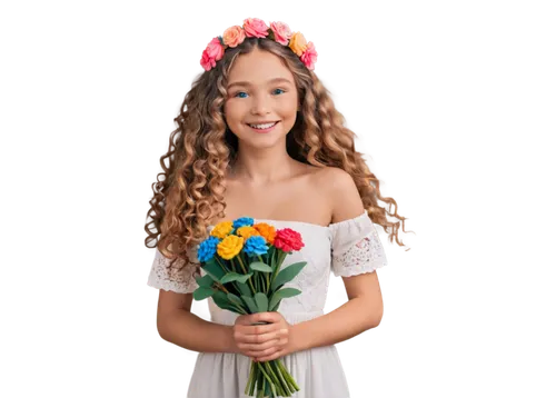 Smiling girl, white dress, long curly hair, blue eyes, gentle makeup, bare shoulders, delicate hands, holding a small bouquet of flowers, standing with closed eyes, soft lighting, warm color tone, 3/4