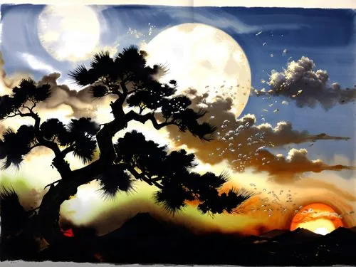 a large painting of a full moon in the sky,moon and foliage,moonlit night,dusk background,night scene,moonlit,watercolor tree,Illustration,Paper based,Paper Based 30